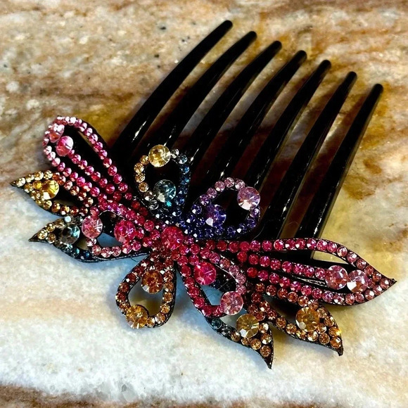 Boutique Accessories - Rainbow Floral Crystal Rhinestone Hair Comb Large Size